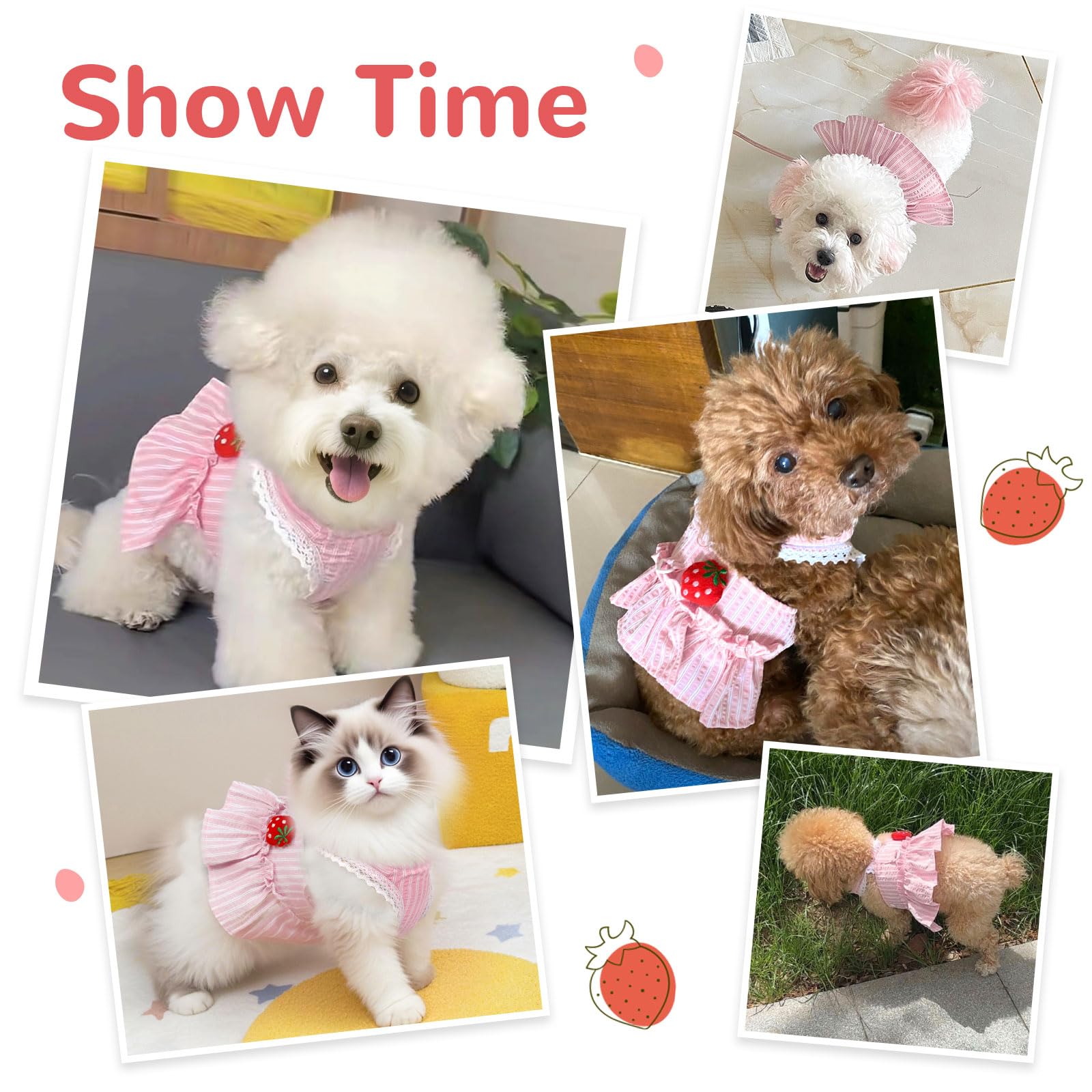 XGDMEIL Cute Strawberry Small Dog Dress with D-Ring Princess Lace Girl Female Dog Clothes Spring Summer Breathable Mesh Pet Puppy Cats Harness Dress for Shih Tzu Yorkies Chihuahua Maltese(Pink,Small)
