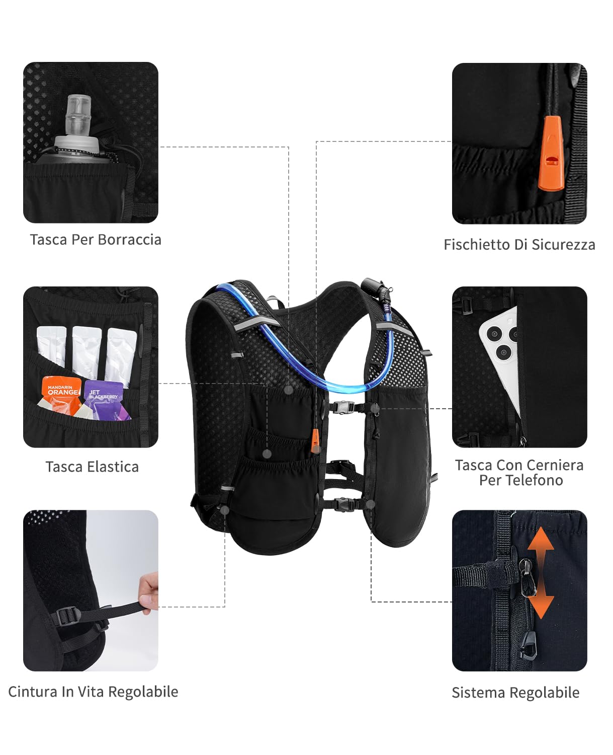 ECOHUB Zaino Trail Running Anti-Rimbalzo con Sacca Idrica 2L, Gilet Running Leggero e Traspirante con 6 Tasche, Zaino Idratazione Regolabili per Uomo, Donna, Corsa, Maratona, Ciclismo, MTB, Trekking