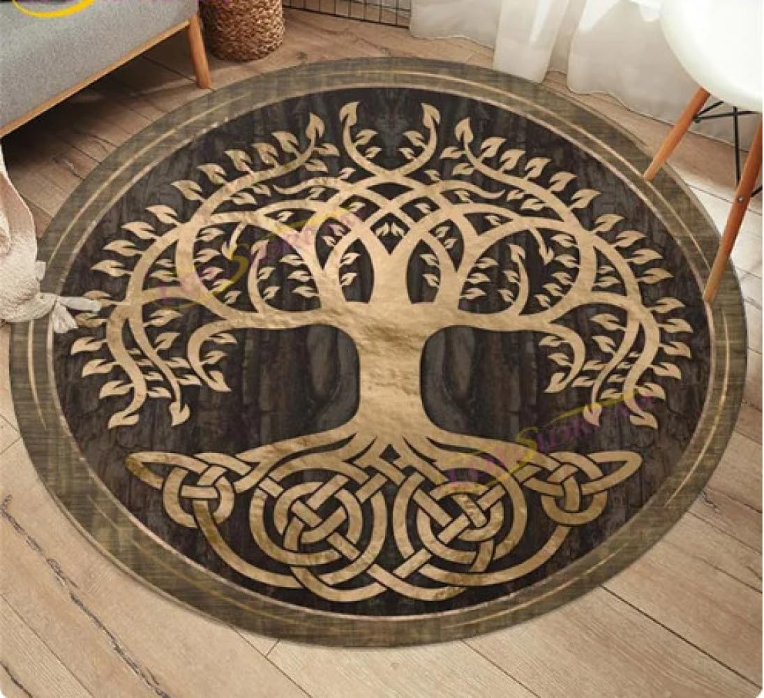 HOWENG Tree of Life Rune Pattern Carpet, Round Yoga Mat, Viking Doormat Kids Soft Play Area Rugs, Home Decor Floor Mats 200cm