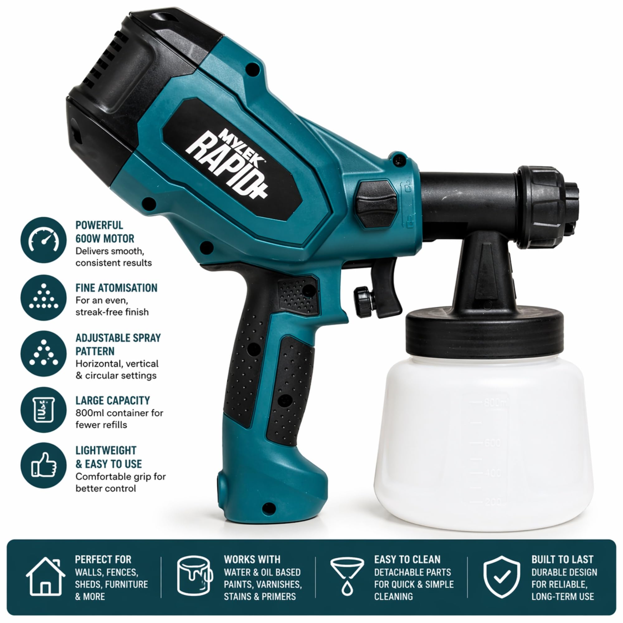 MYLEK Pistola pulverizadora eléctrica 400 W para interiores, exteriores, casa o jardín, vallas, paredes, madera, disolventes, pinturas a base de agua, emulsiones, barniz, conservantes y más