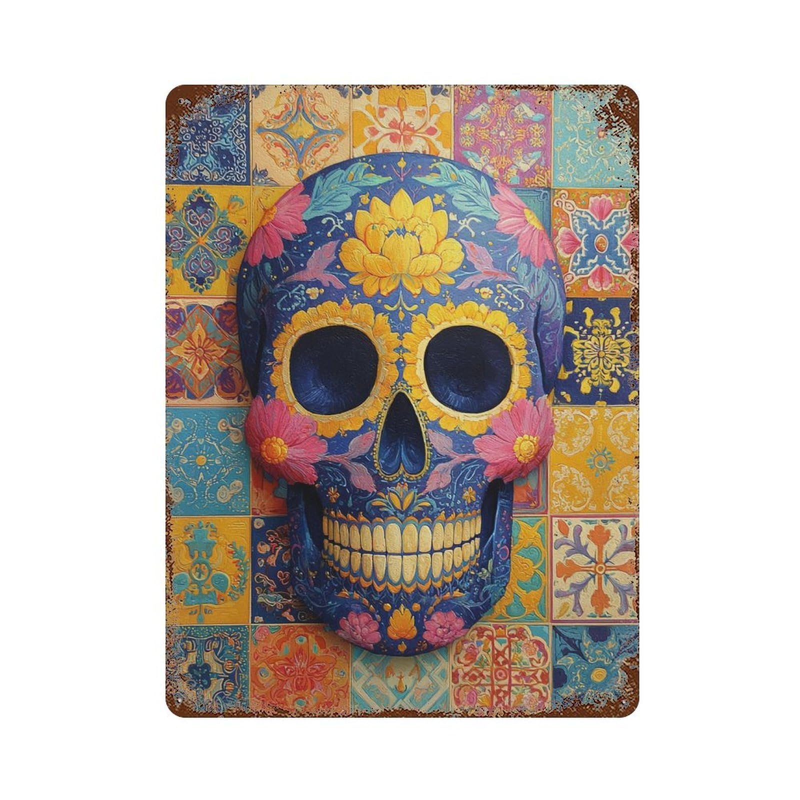 Distressed Metal Wall Sign Colorful Sugar Skull Wall Art 15.7"x11.8", Rustic Home Decor for Farmhouse, Kitchen And Entryway Decor