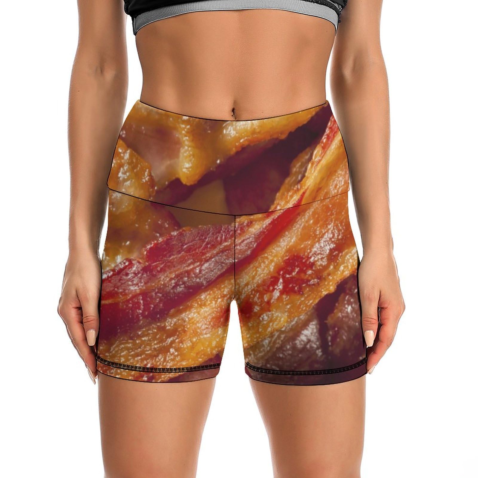 Delicious Bacons High Waist Yoga Shorts for Women Athletic Shorts Leggings Running Pants Black