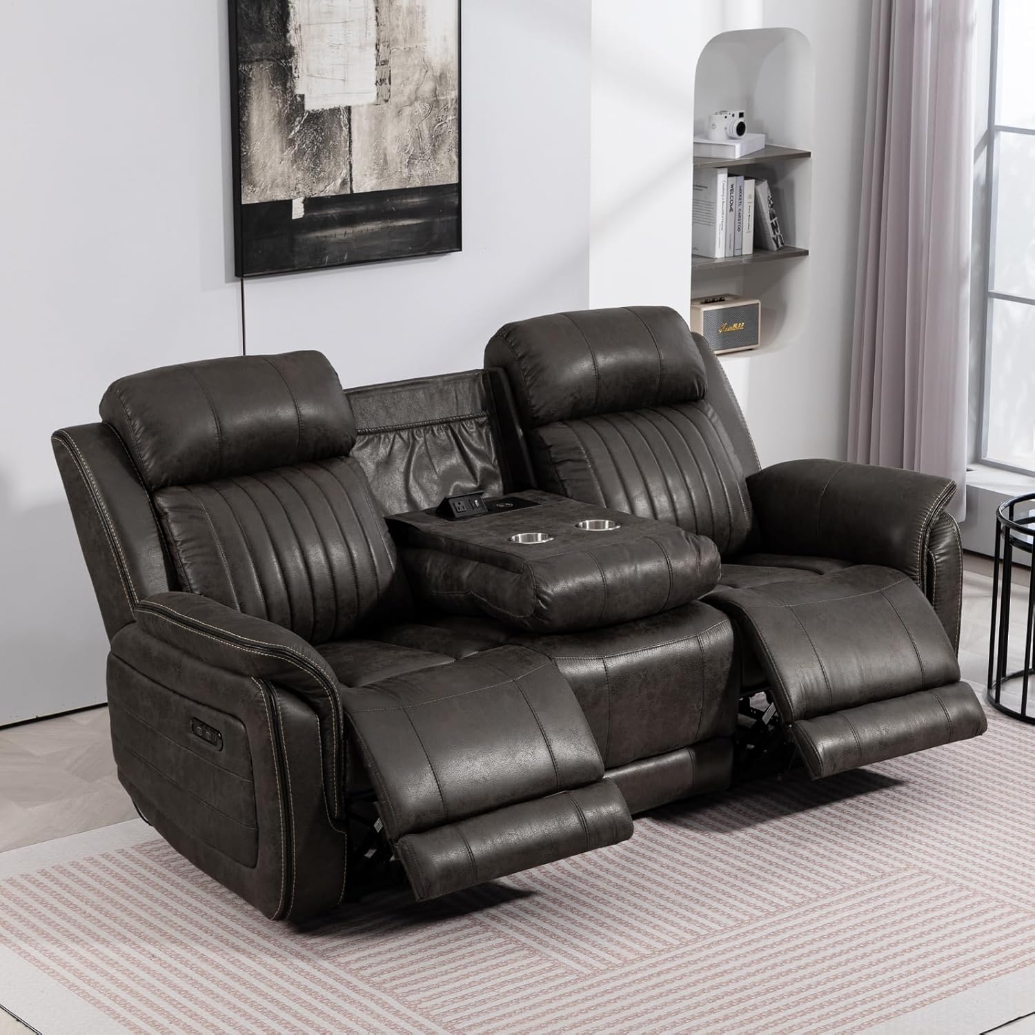 Zero Gravity Power Reclining Sofa with Adjustable Headrest, Electric Reclining Couch with Wireless Charge, USB Ports, Power 3-Seater Recliner Sofa with Drop Down Table, Outlet (Charcoal Brown)
