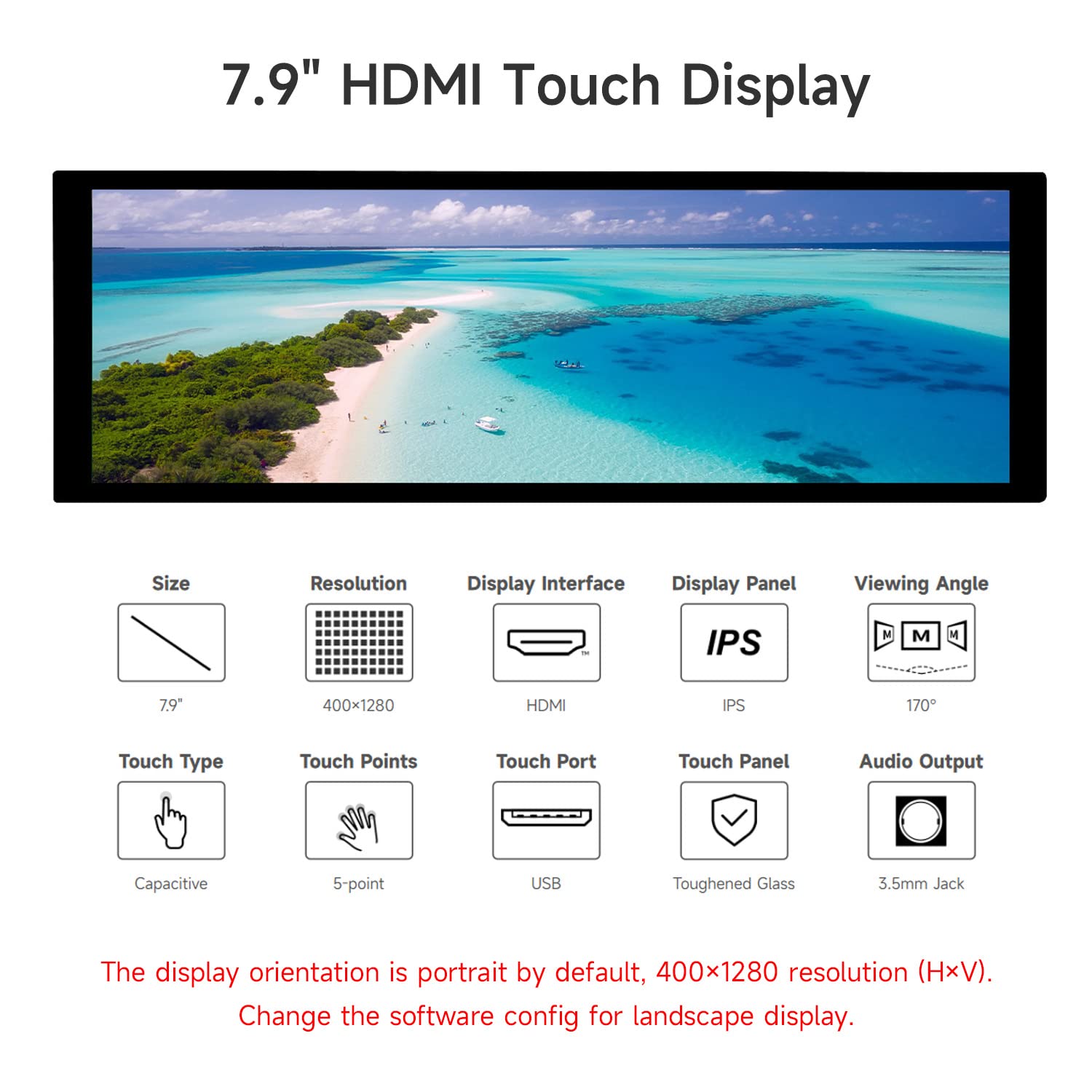 LUCKFOX 7.9inch HDMI Touchscreen LCD Display, 400(H) x 1280(V) Pixels IPS Screen, 60Hz Computer Monitor, for Raspberry Pi OS/Ubuntu/Jetson Nano/PC Windows 11/10/8.1/8/7