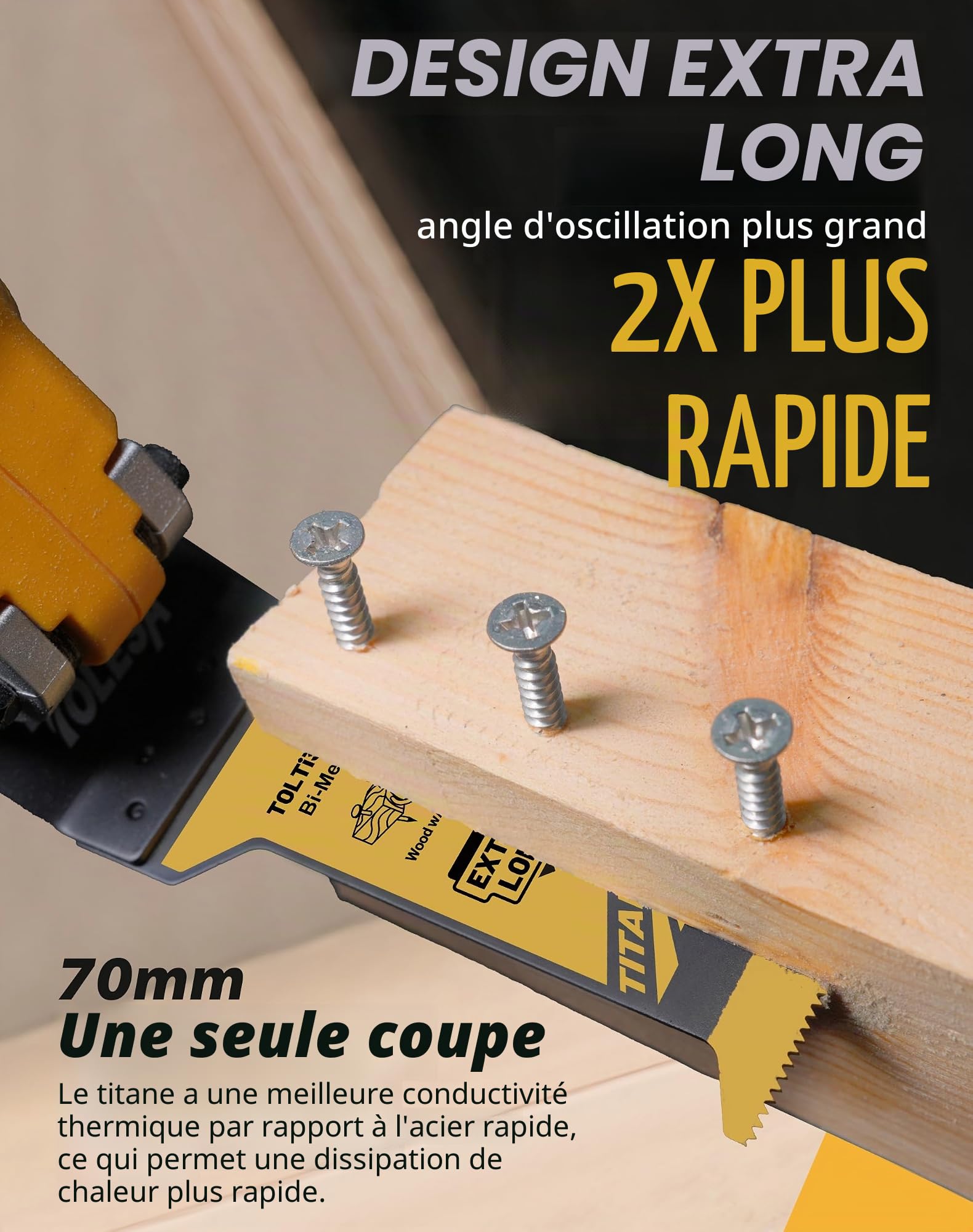 TOLESA Lot de 16 lames de scie oscillantes extra longues en titane multi-usages pour métal, bois, plastique