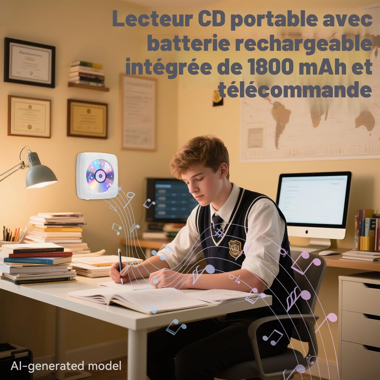 Gueray Lecteur CD Portable Bluetooth 1800mah Lecteur CD de Bureau pour la Maison Lecteurs CD avec Deux Haut - parleurs Télécommande Housse Anti-poussière Affichage Radio FM Minuterie USB Aux-Blanc