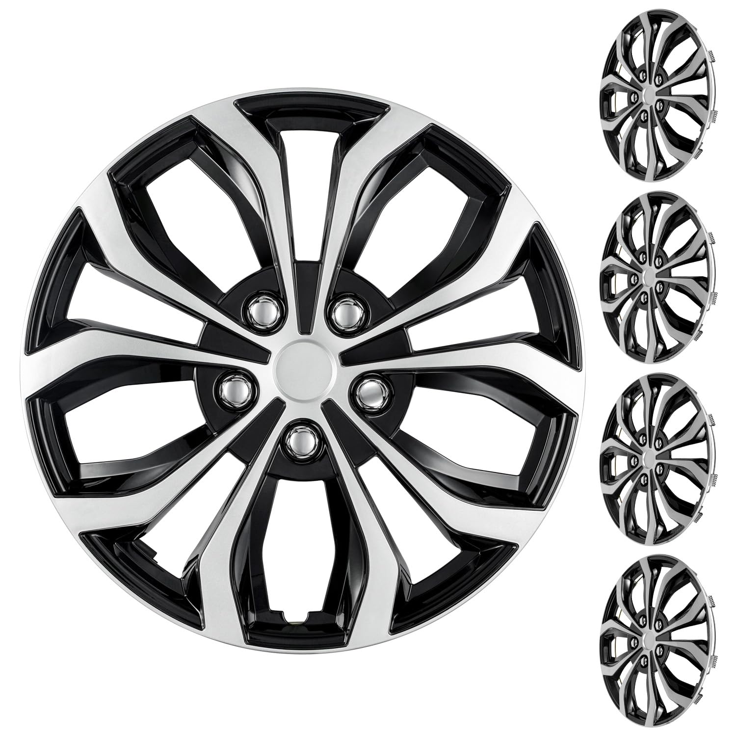 15 Inch Hubcaps Wheel Covers, Silver Black Universal R15 Snap-On Rim Covers for Cars with Standard Flat Steel Wheels, Set of 4 (Silver and Black)