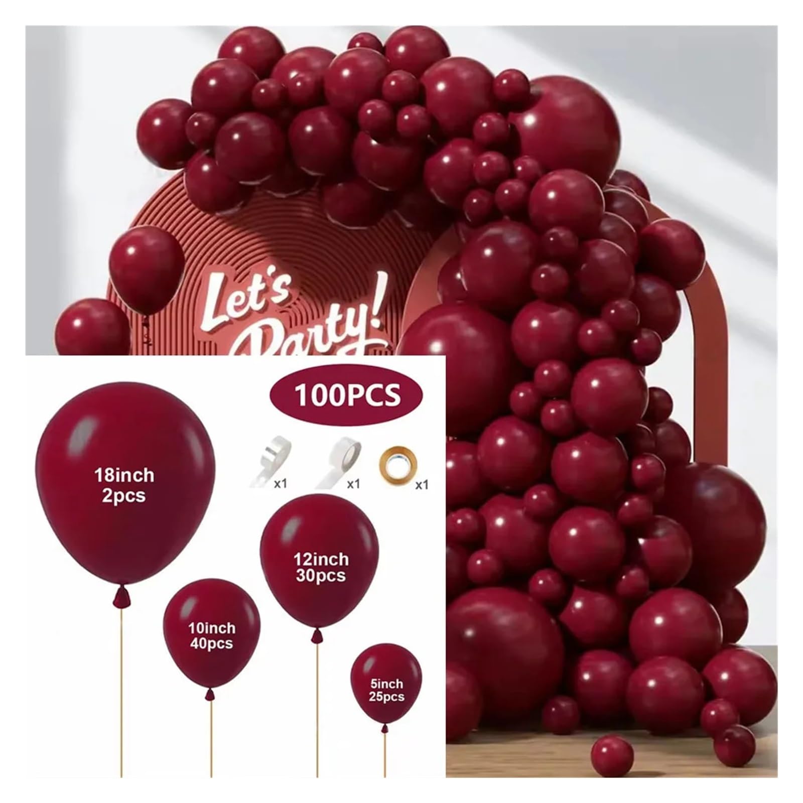 100 Stück dunkelburgunderrotes Latex-Luftballon-Set 5/10/12/18 Zoll Wein for Geburtstag, Weihnachten, Hochzeit, Party-Dekoration