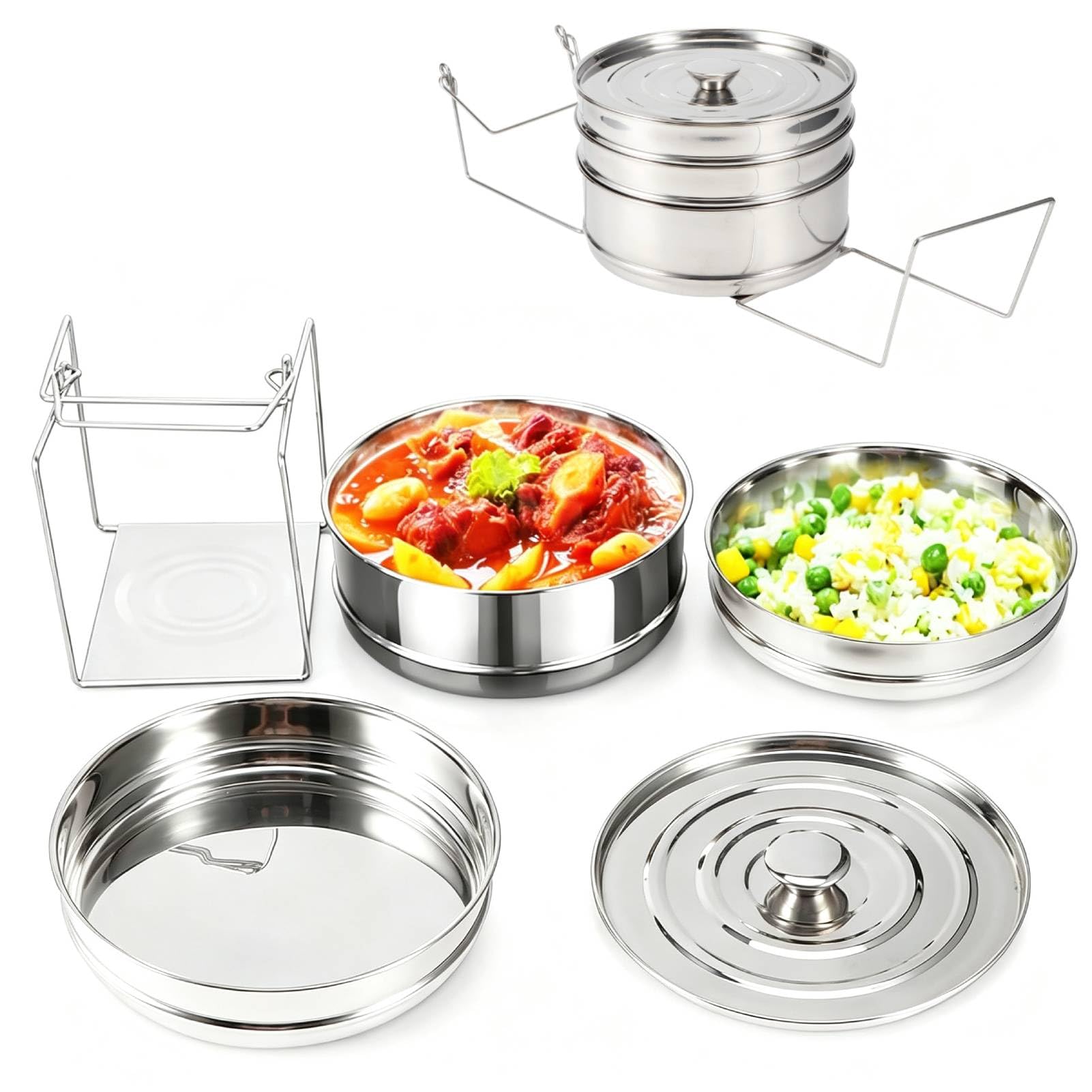 Olla de vapor de acero inoxidable de 3 niveles, olla multicapa para alimentos, verduras, utensilios de cocina, accesorios de cocina apilables para olla a presión de 6 8 cuartos de galón