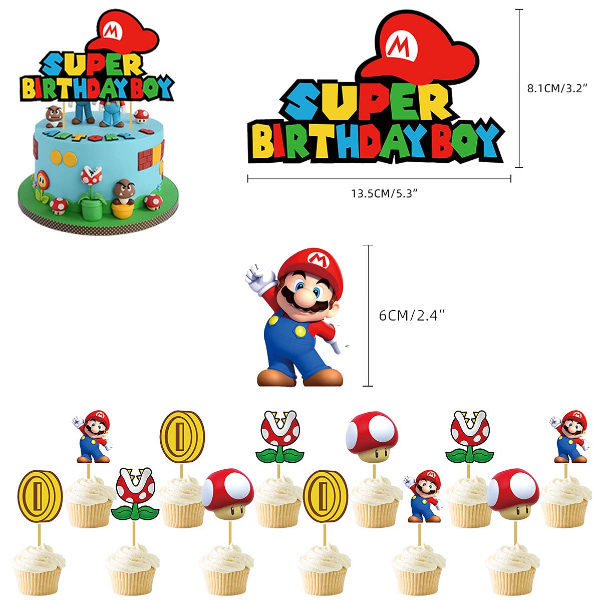 Super Mario Birthday Party Supplies Set IIIHAT Mario Happy Birthday Banner, Cake Topper