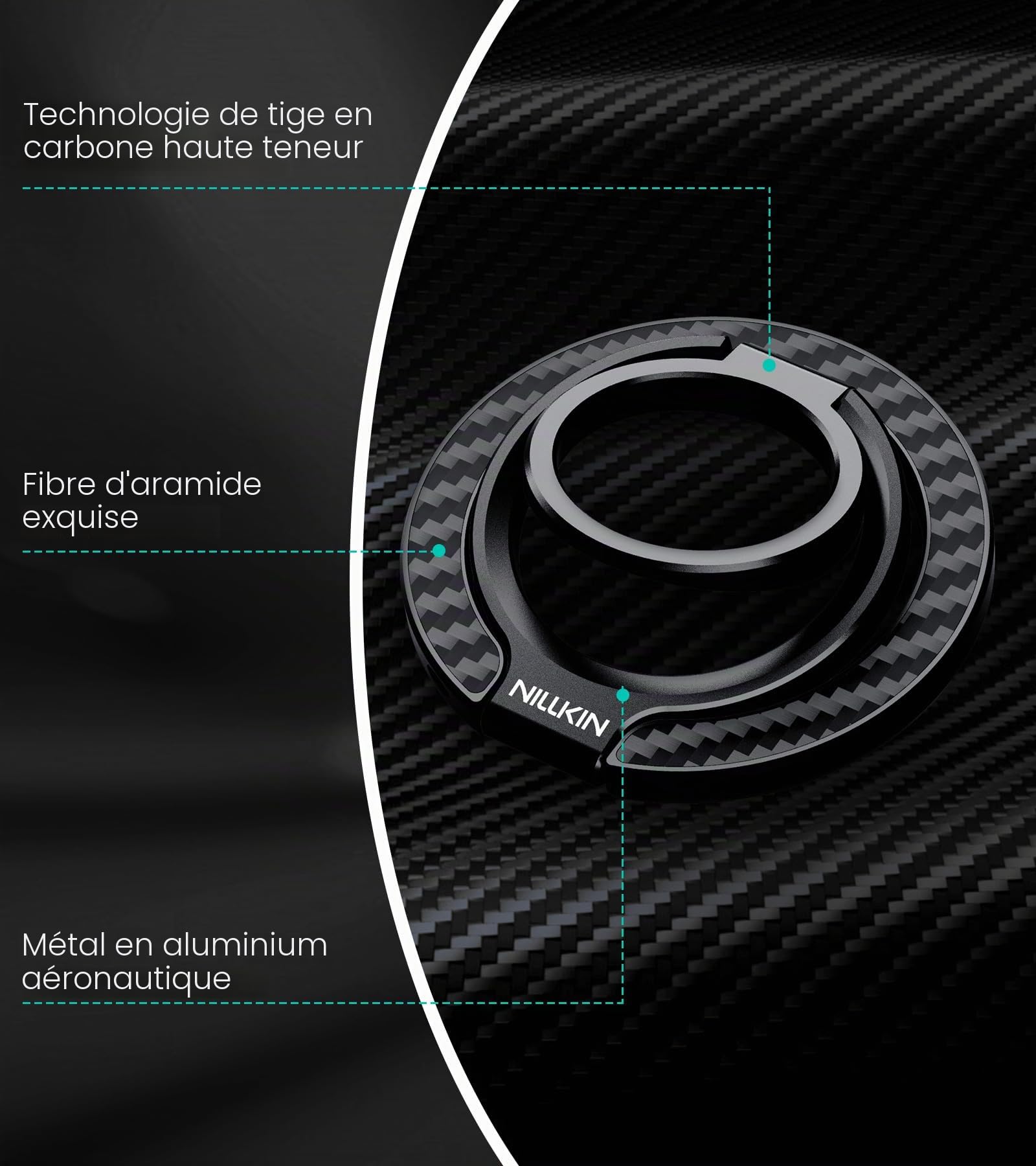 Nillkin Support Anneau Smartphone en Fibre d’Aramide – Magnétique Double Face & MagSafe, Rotation 360° avec Double Axe, Support & Grip pour iPhone/Samsung/Pixel, Accessoires MagSafe – Noir