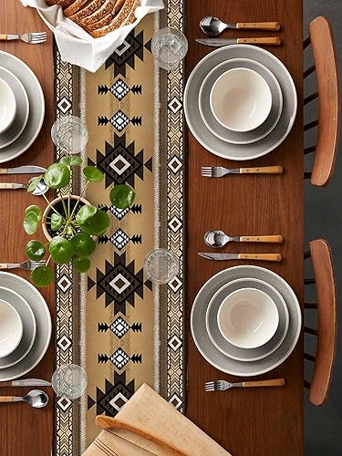Miniatura 2 de Southwestern - Juego de camino de mesa y manteles individuales, arpillera, lavables, para cocina, granja, marrón, azteca, nativo (4 manteles