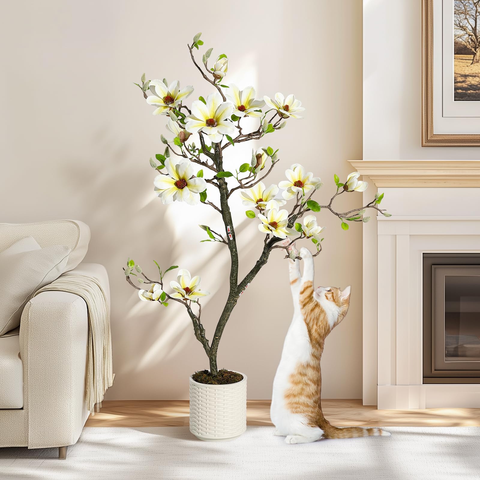 IDEALHOUSE Künstlicher Magnolienbaum im Topf 120 cm - pflegefrei für Indoor/Outdoor - realistische Blüten & grüne Blätter - inkl. weißem Topf mit Moos - Deko Terrasse/Garten/Büro - Farbe: 4FT