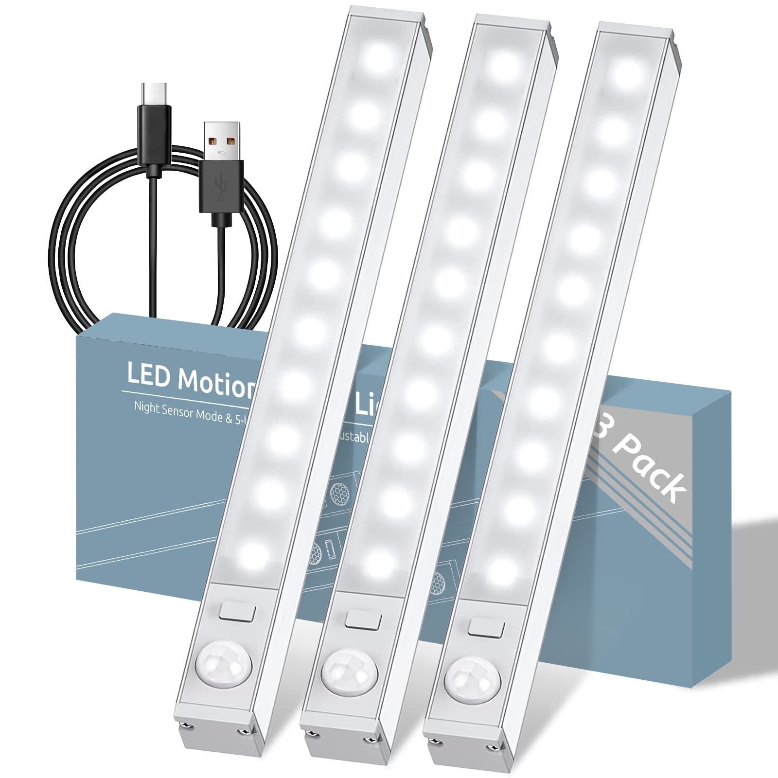 3 Pack Motion Sensor Light Indoor,10 LED Under Cabinet Lights Wireless,Rechargeable Under Cabinet Lighting,Stick Anywhere Magnetic Closet Lights,Night Light for Counter,Stairs,Cupboard