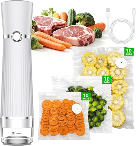 Sellador al vacío para alimentos, máquina selladora al vacío compacta con 30 bolsas reutilizables para conservación 10 veces y fresco