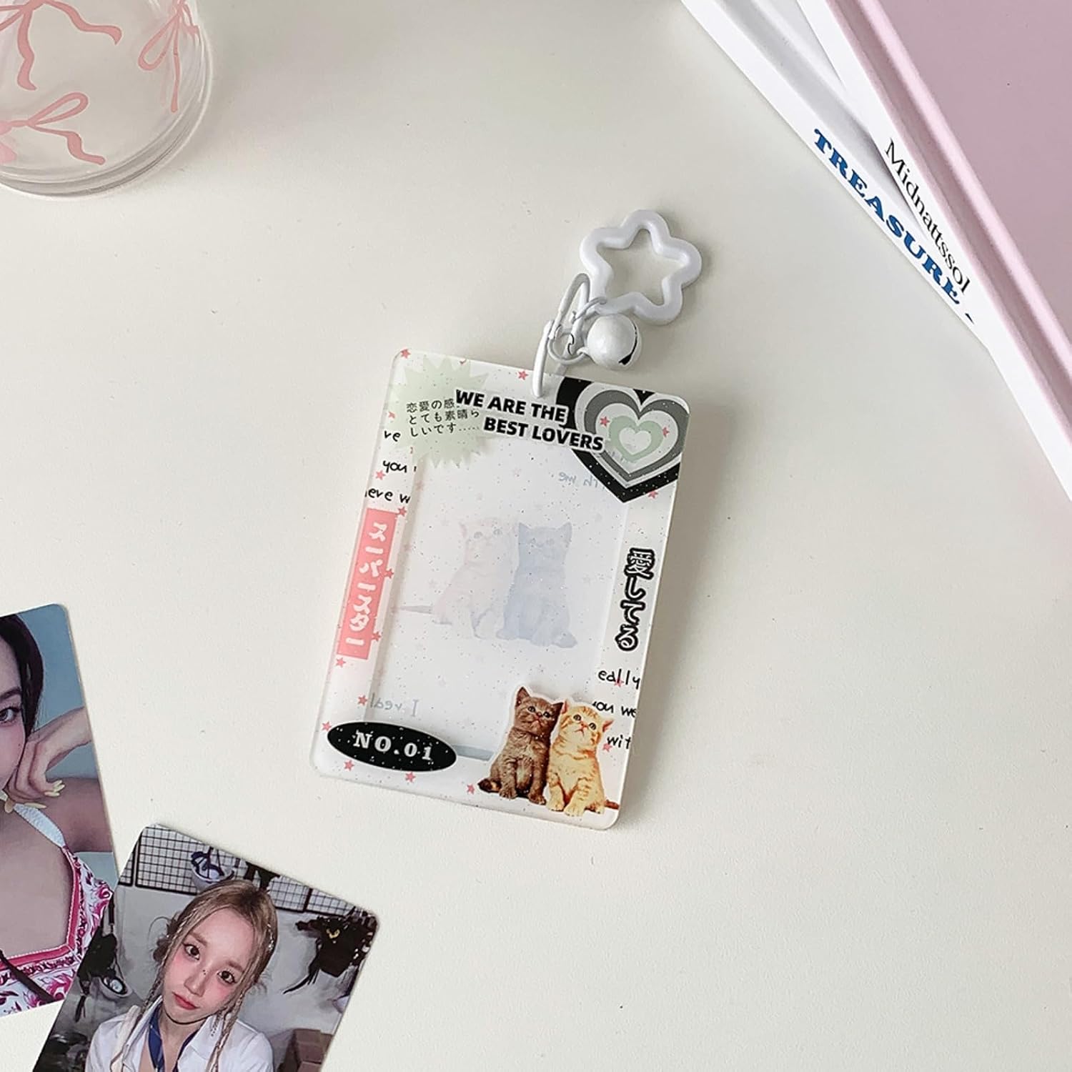 Sparkly Acrylic Card Sleeve Keychain, Transparent Photocard Holder with Star Buckle & Bell for Functional Bag Charm