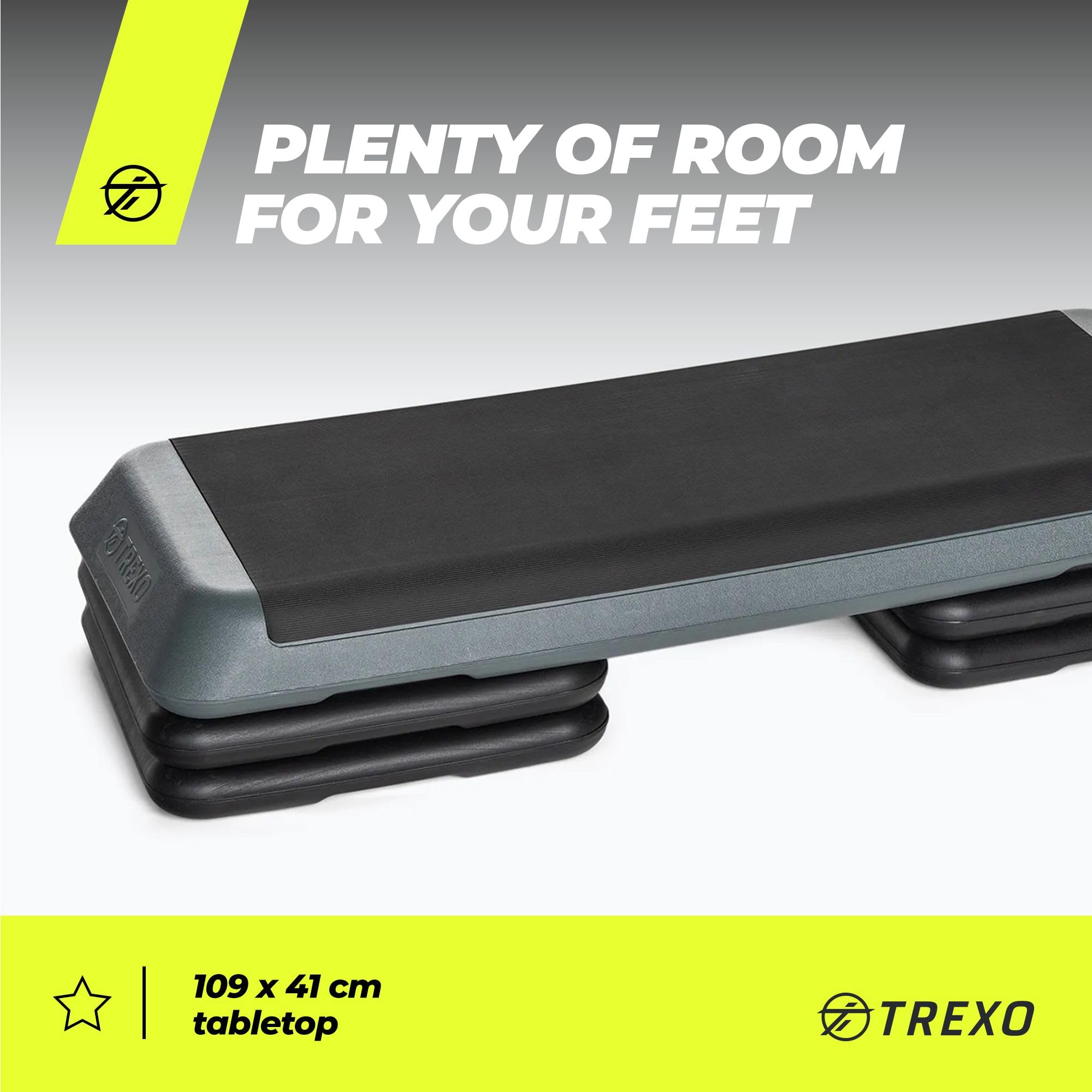 TREXO Step do Aerobiku 109 x 41 cm | Regulacja Wysokości 10-15-20 cm, Wytrzymały Materiał | Platforma do Ćwiczeń Cardio i Fitness do 250 kg | Szary | TRX-AS01