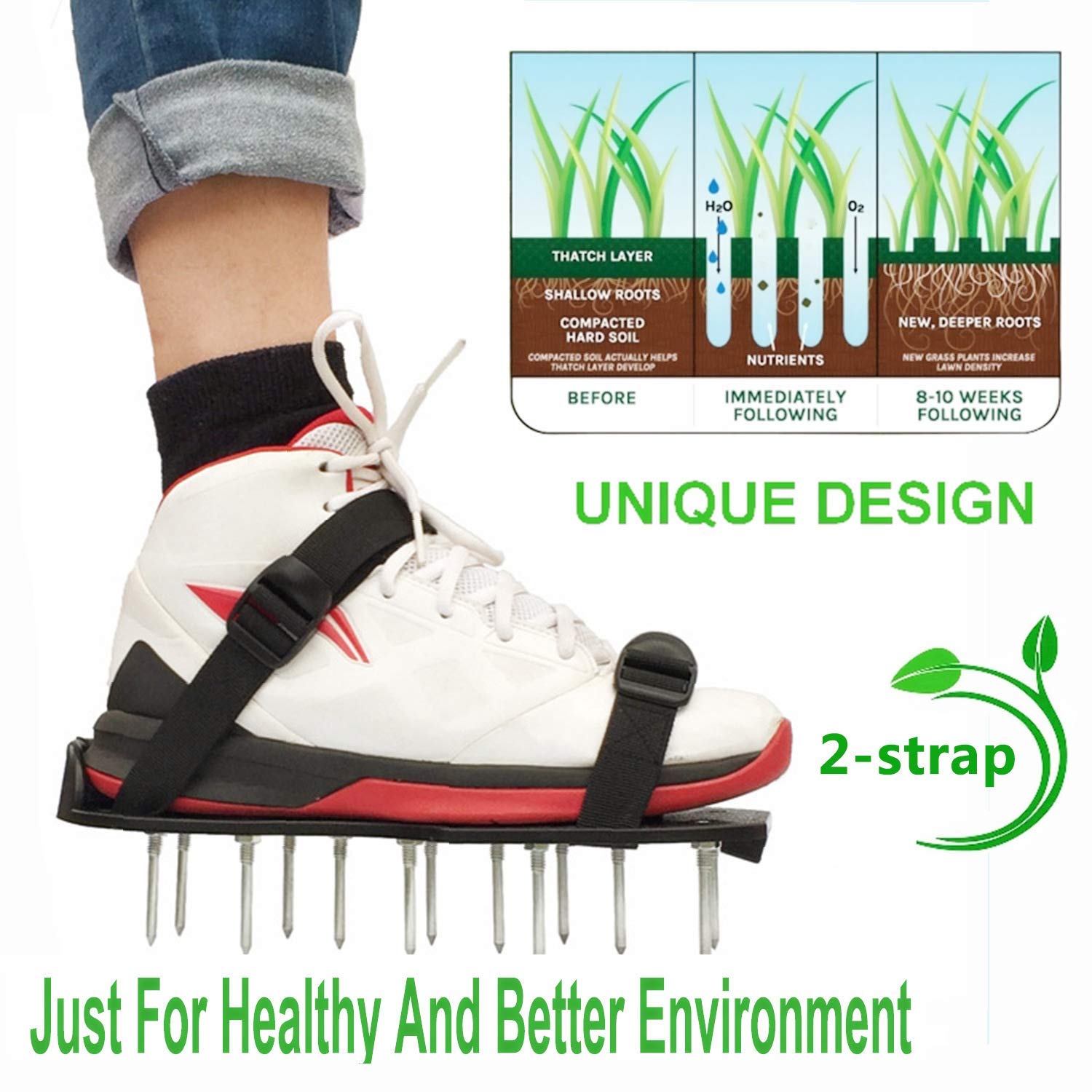 Powertool Rasenbelüfter-Schuhe, 3 Paar, Belüftungsschuhe mit 26 Spikes, für Rasen, Garten, Boden, Gras, Belüftung – Universalgröße (grün)