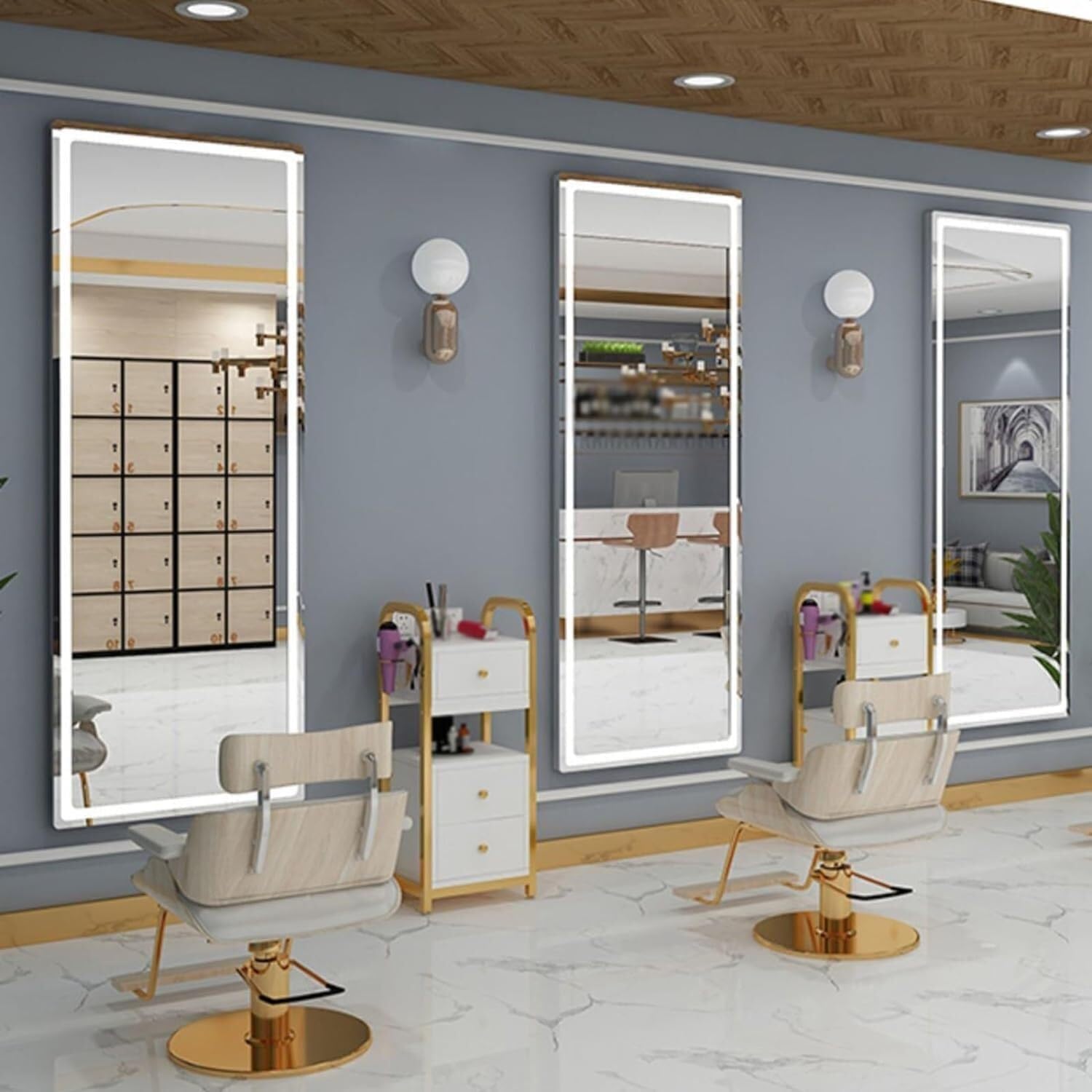 Wózek na kółkach do salonu, rama ze stali węglowej, wózek do salonu, regulowane nóżki, wózek do salonu z szafką i kołem, wózek do salonu(Gold Frame+pattern)