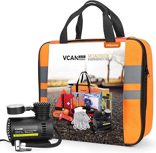 VCANENERGY Bolsa de seguridad de emergencia para automóvil con compresor de aire portátil, cables de puente, kit de primeros auxilios, medidor de