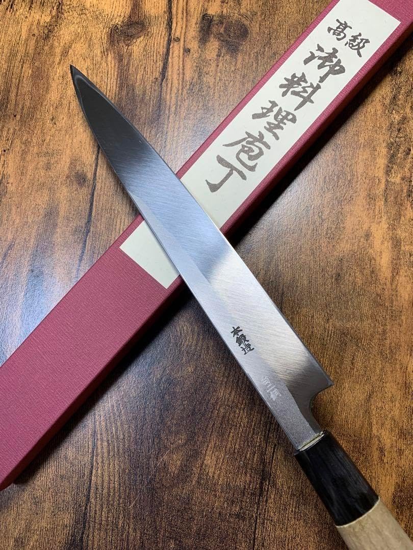 9956 先丸柳刃包丁 尺寸 刺身包丁 和包丁 黒檀黒水牛角白三本巻八角柄 9956 先丸柳刃包丁 尺寸 刺身包丁 和包丁 黒檀黒水牛角白三本巻八角柄