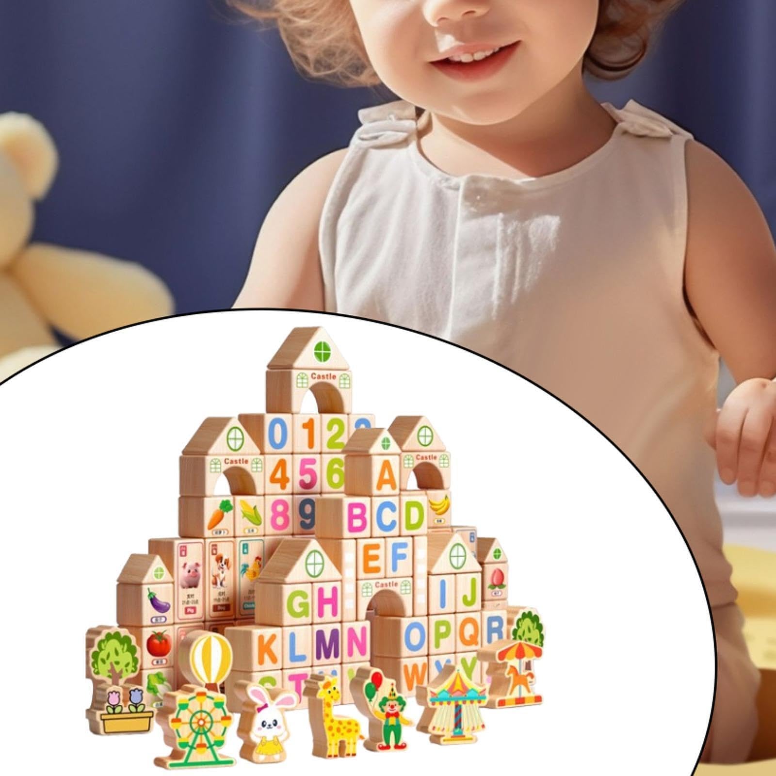 100 Pièces Blocs de Construction Jouet Éducatif en Bois Jeu D'Empilage Cubes Sensoriels avec Lettres et Chiffres pour Le Développement Cognitif Adapt, Emballage en Fût