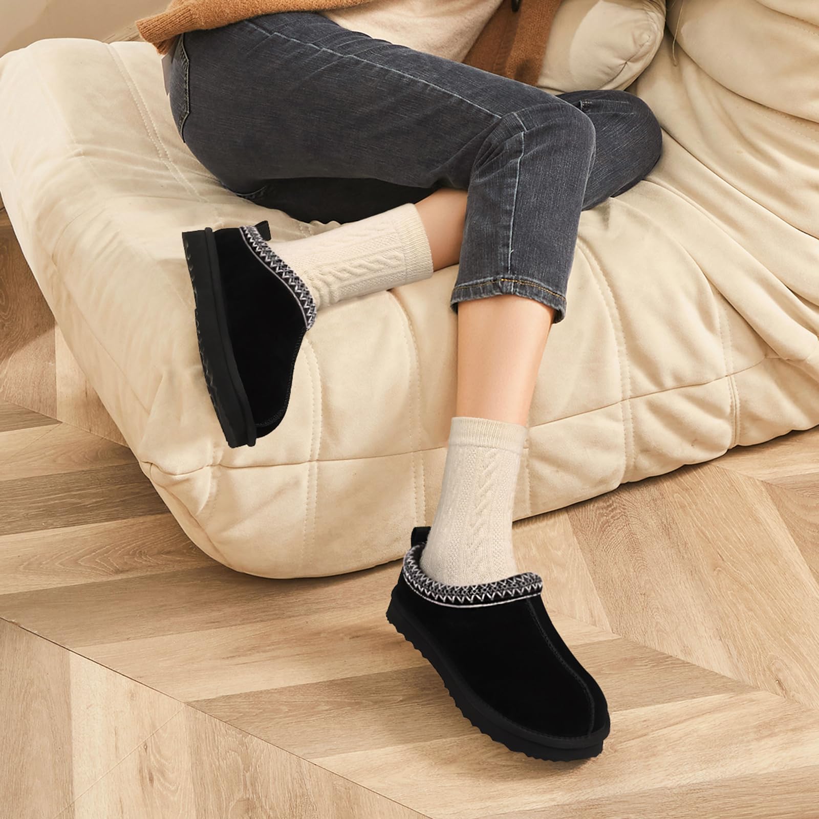 Litfun Pantuflas peludas para mujer, de gamuza auténtica, esponjosas, para invierno, acogedoras, peludas, cálidas, para interiores y exteriores