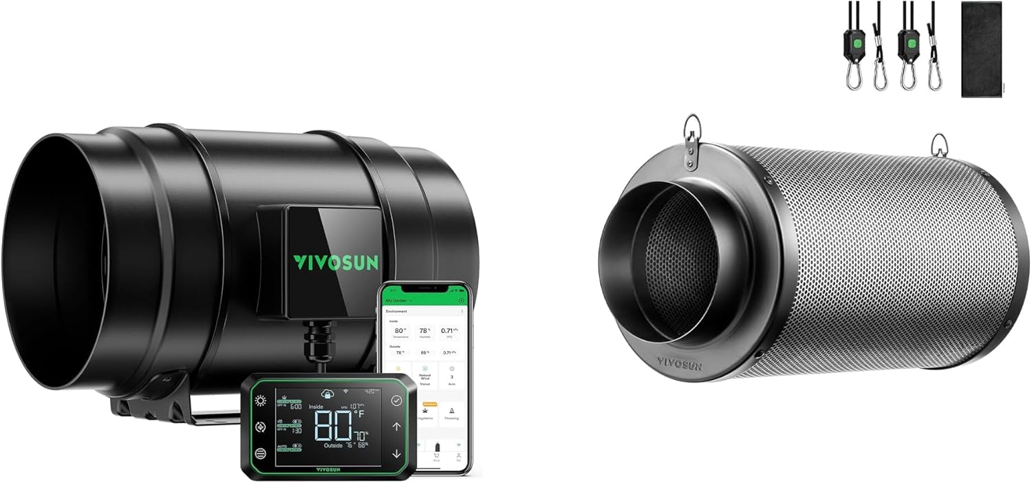 VIVOSUN AeroZesh G8 Inline Duct Fan and 8 Inch Air Carbon Filter Smelliness Control with Australia Virgin Charcoal for Inline Fan, Grow Tent Smelliness Scrubber, Pre-Filter Included