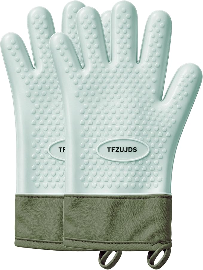Silicone Oven Mitts Heat Resistant 600°F, Non-Slip Five-Finger Extended Cuff& Cotton Lining Oven Gloves, Waterproof Flexible Gloves with Hanging Loops Kitchen Mitts for Cooking Baking Grilling(White)