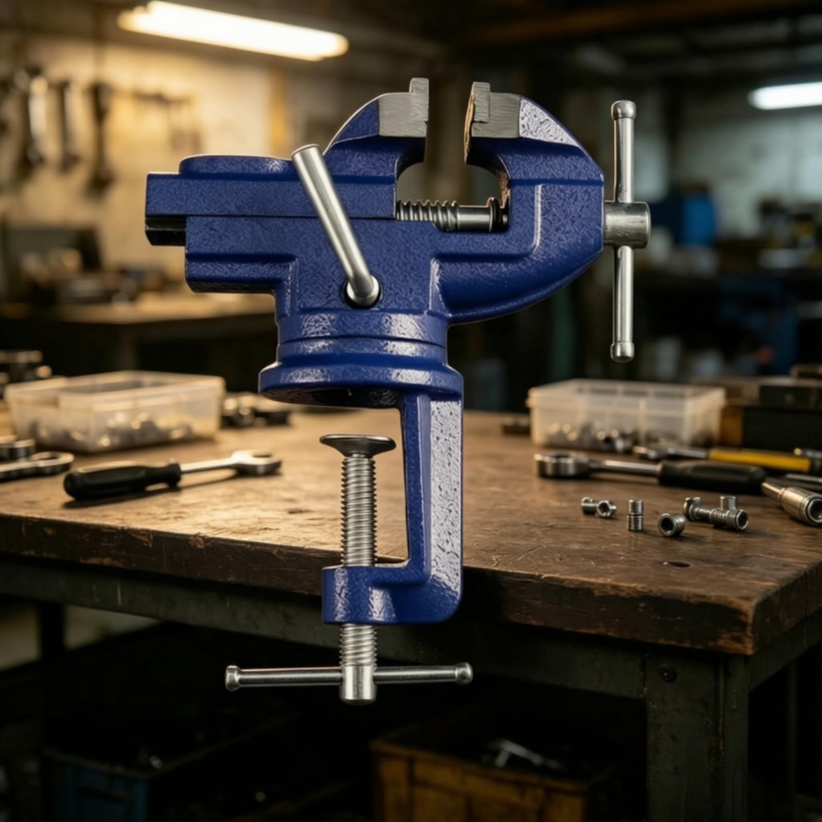 Tornillo Tornillo Profesional Banco con Base Giratoria Resistente Abrazara Trabajo para, Azul, 80mm