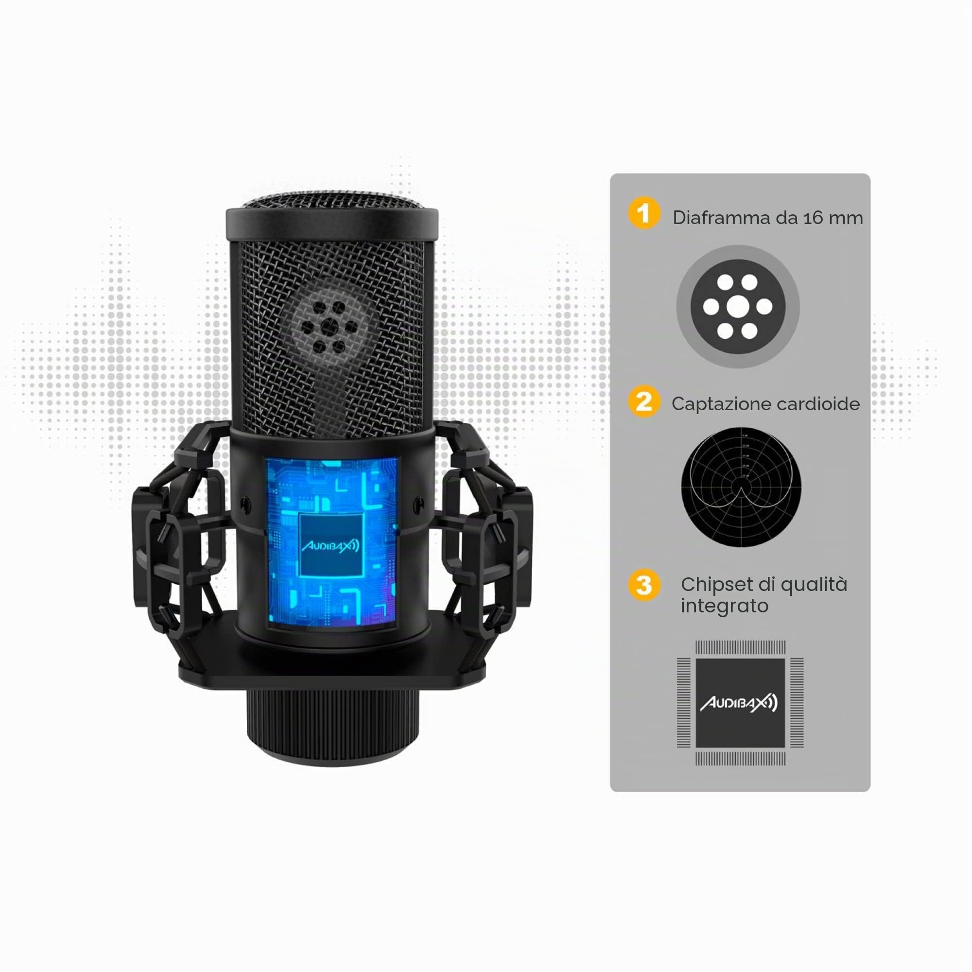 Audibax AT2020 Producer - Microfono a Condensatore da Studio - Include Cavo XLR, Supporto da Tavolo e Ragno, Parabrezza e Custodia per il Trasporto - Risposta in Frequenza 50 Hz/20 KHz - Cardioide