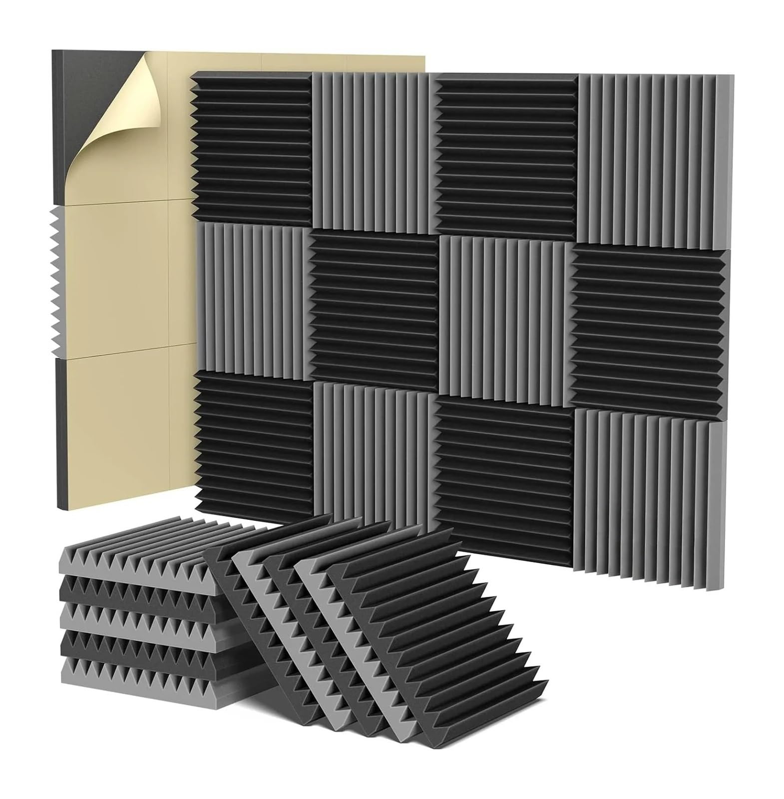 Paneles Acusticos 12/24Pcs Self-Adhesive Studio Acoustic Foam Panels High Density Soundproof Wall for Gaming Room Home 30x30x2.5cm(Black and Gray,24pcs)