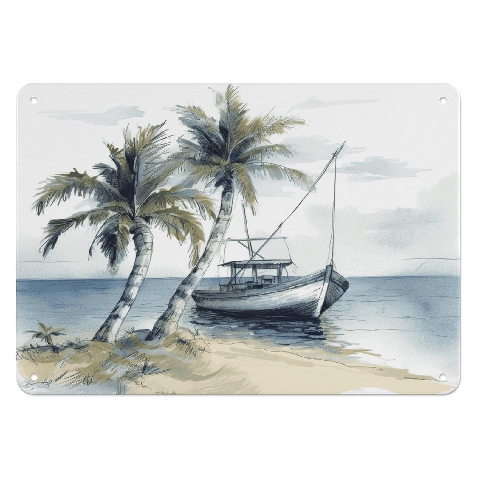Fekiloot Style Palm Trees Fishing Boat Wall Decor Iron Painting Metal Sign