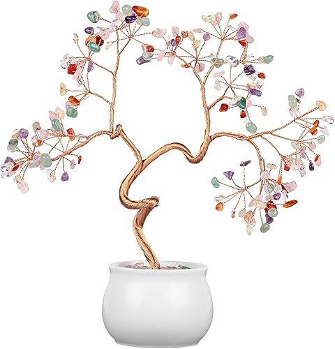 Rockcloud Árbol de dinero de piedra de cristal colorido de 8.5 pulgadas Fengshui bonsái con base de cerámica para buena suerte, riqueza, hogar,