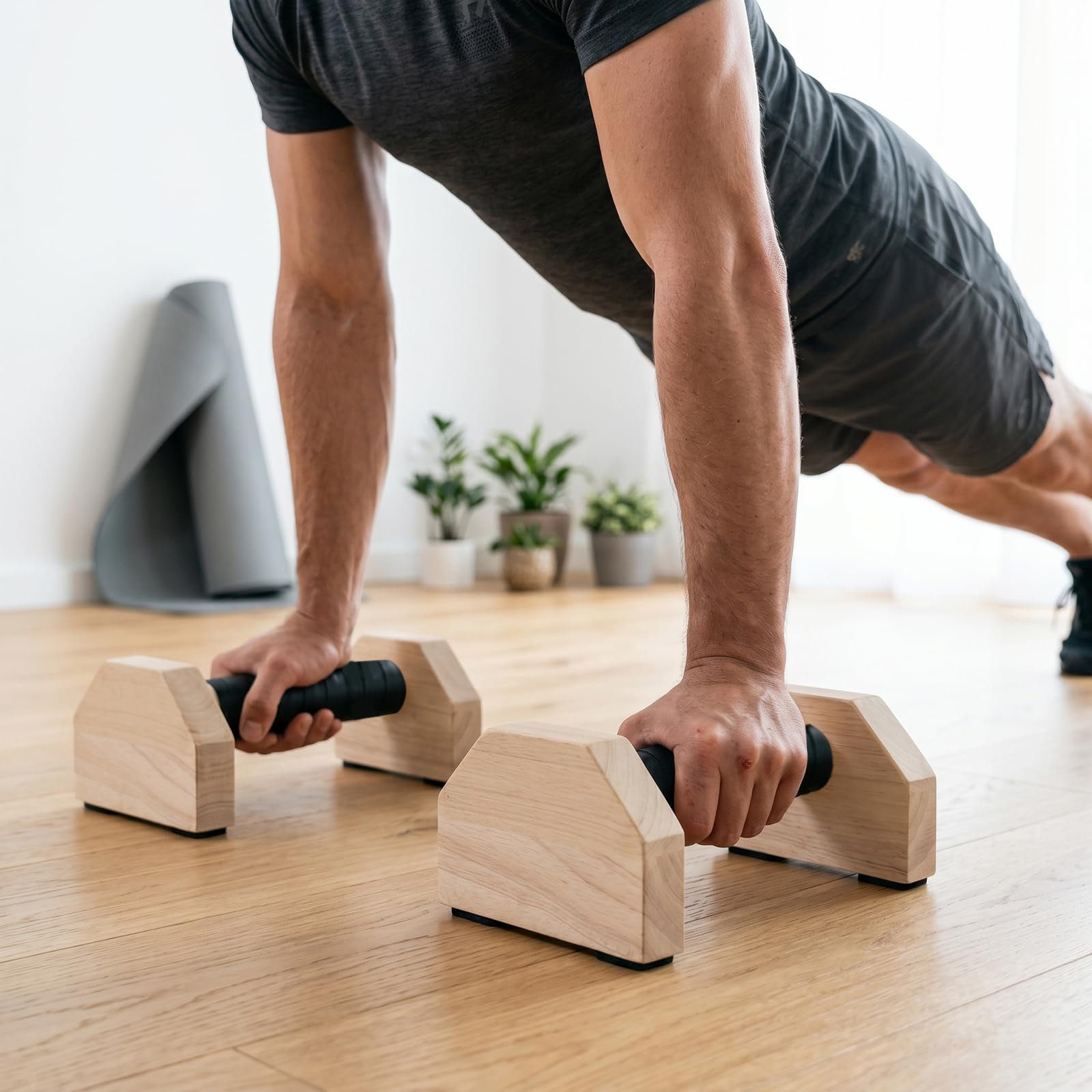 4 Maniglie per Flessioni in Legno, Parallele 25 cm, Portata 300 kg | FAAING, Pino Massello Antiscivolo, Cinghie di Fissaggio, Allenamento Calisthenics, Yoga, Indoor e Outdoor