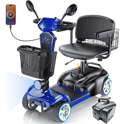 15/25/30/50Miles Eldryvon 4 Wheels Electric Mobility Scooter for Seniors, Dual Basket, 350W Powered Wheelchair with Rotating Seat, Foldable Motorized Scooter for Adults (Blue, 50Miles with Mirror)
