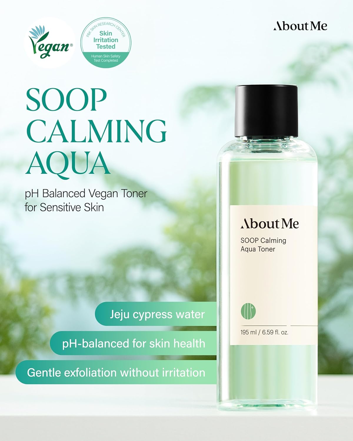ABOUT ME SOOP Calming Aqua Toner – Korean 90.6% Jeju Cypress Water pH Balancing Toner for All Skin Types – Daily Gentle Exfoliation with Mandelic Acid & Centella – Korean Skin Care – 6.59oz, 195ml - Image 2