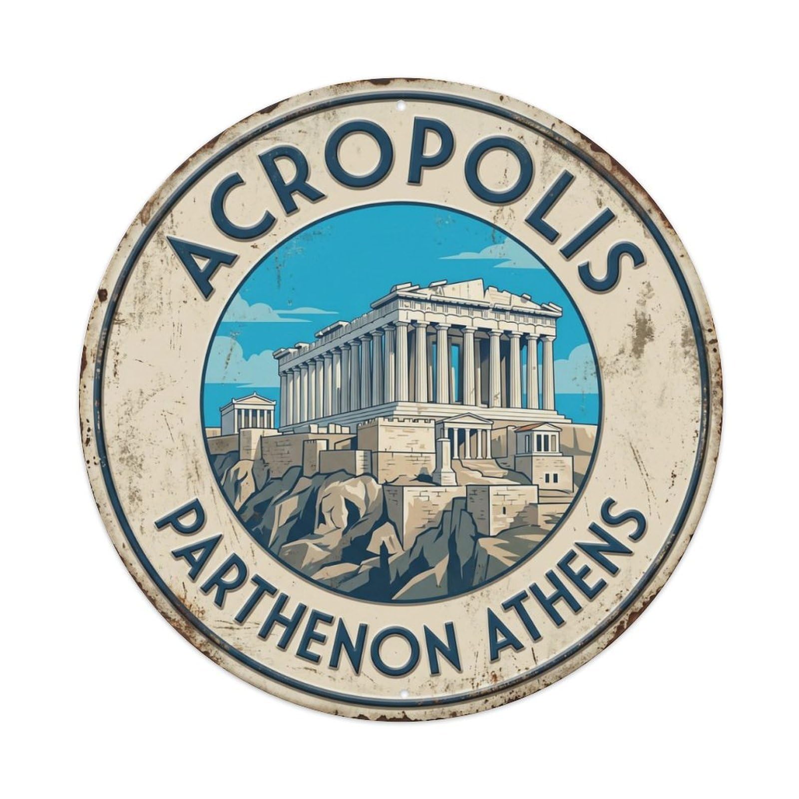 Acropolis Parthenon Athens Greece Temple Metal Tin Sign Plaque Wall Decor for Cafe, Club Bar, Office, Home Garden Round Metal Poster 8x8Inch