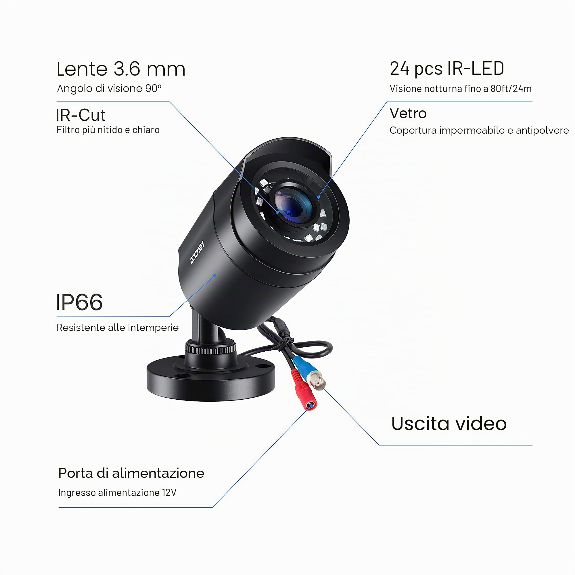 ZOSI TVI 1080P - Kit telecamera di sorveglianza esterna IP66, 24 LED IR 24 m Obectivo 3,6 mm, telecamera di sorveglianza CCTV
