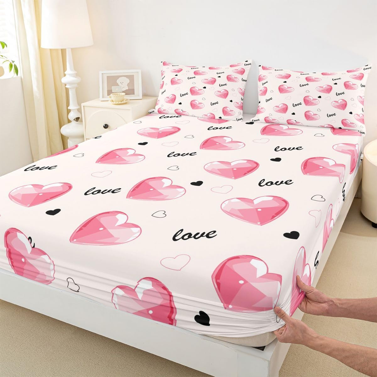 Feelyou Pink Lovely Heart Sheet Set King Size Sweetheart Sheets with Deep Pocket Fitted Sheet for Boys Teens Romantic Bed Sheets Set Breathable Valentine's Day Room Decor