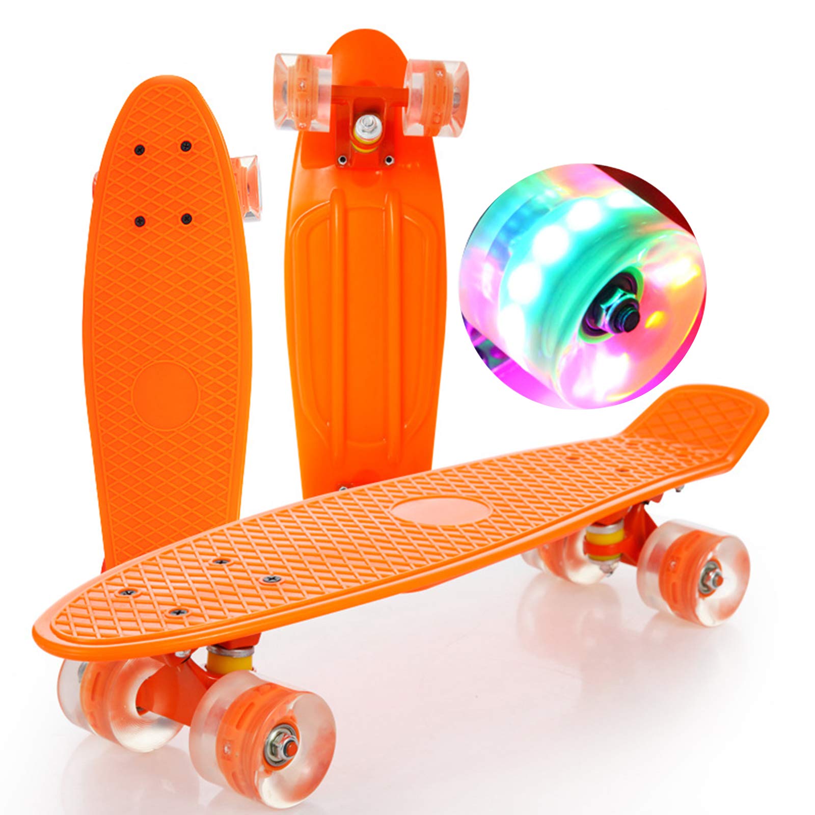 Skateboard 56cm/ 22 Zoll Mini Cruiser Skateboard mit LED Light Up Rädern, Kunststoff Skateboard Board für Anfänger Teenager Erwachsene Kinder (mit All-In-One Skate T-Tool)