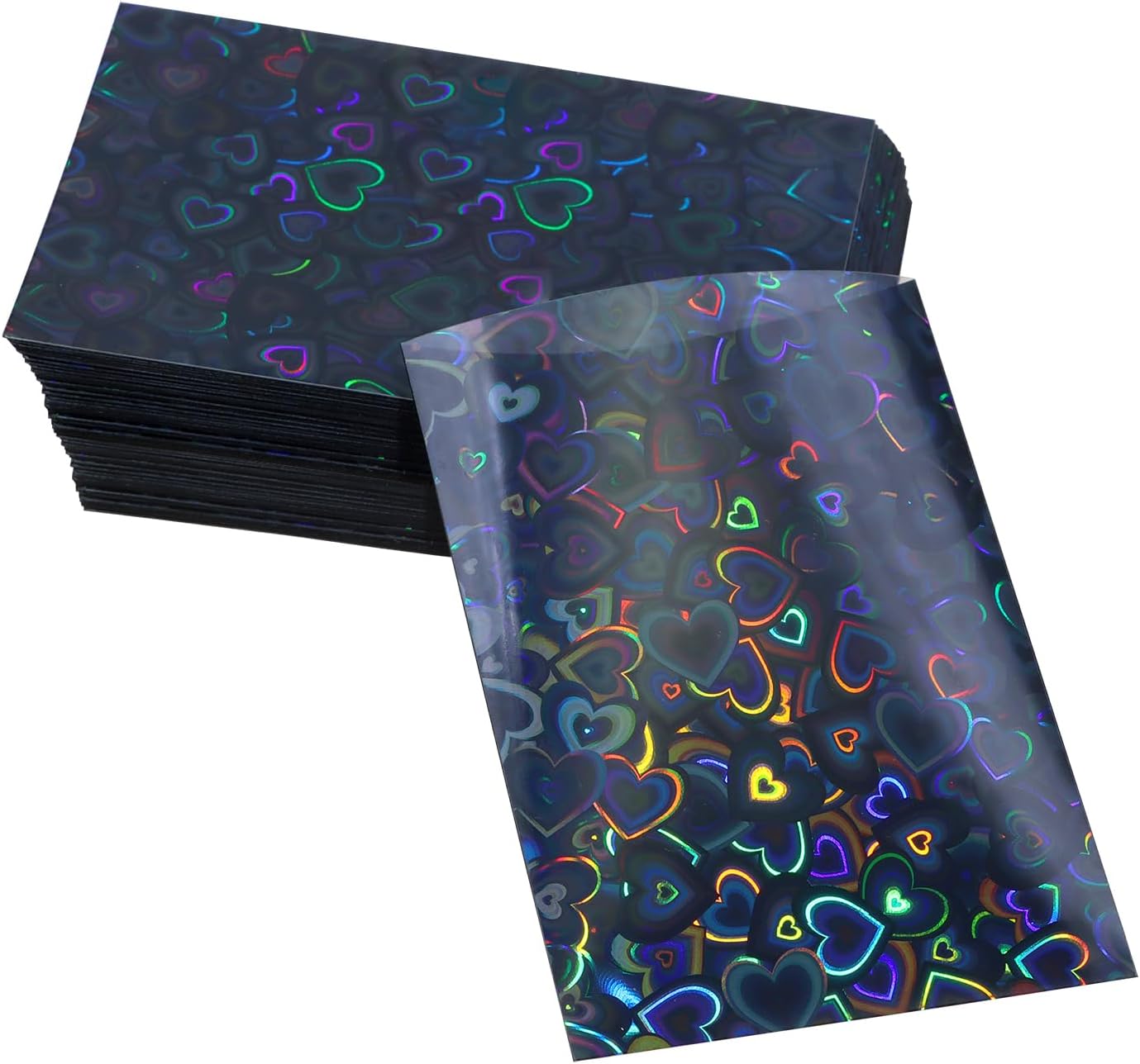 ONLYKXY 100pcs Soft Clear Plastic Heart Glitter Bag Storage Pouch Laser Sleeve Cover Pocket Holder Holographic Photo Protector Top Loader for 3in Trading Card Coin Jewelry (Black)