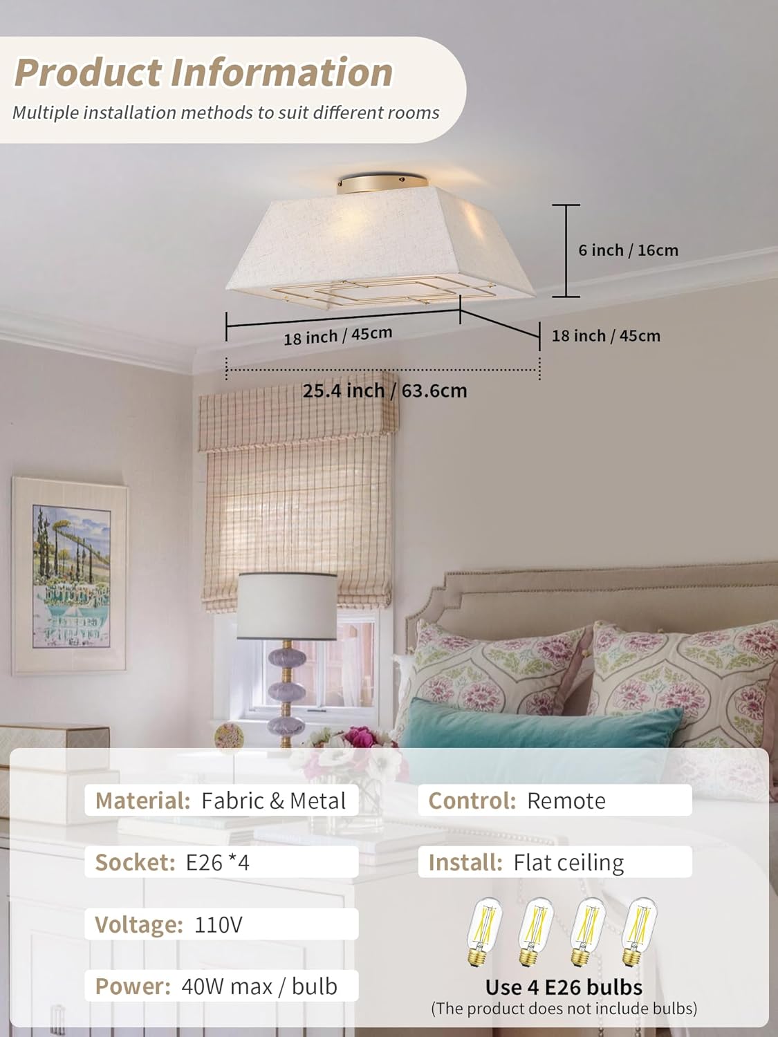 18" Square Flush Mount Ceiling Fans with Lights, Caged Boho Ceiling Fan with Light Remote Control, Low Profile 6 Speeds for Bedroom, Living Room, Kitchen (Beige)
