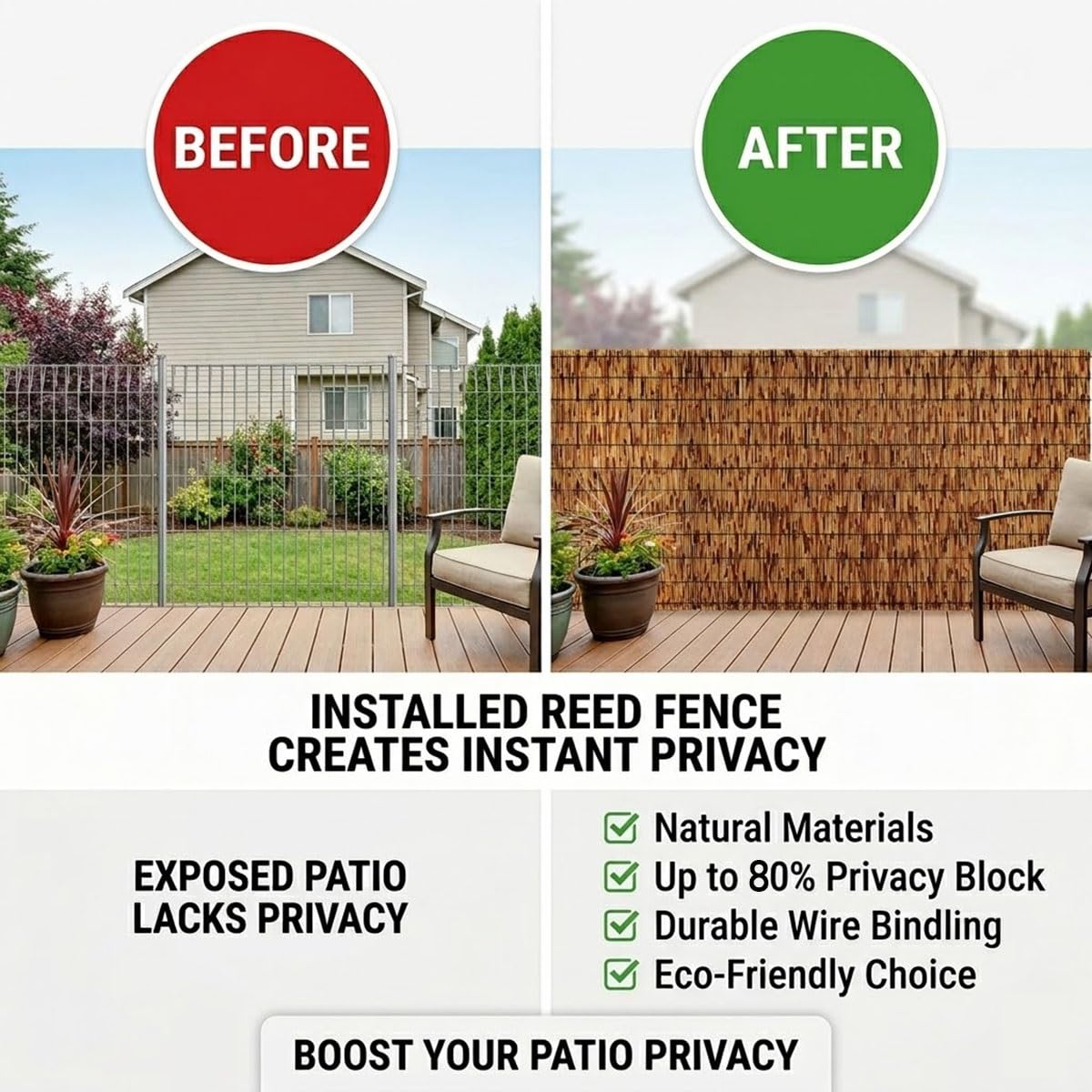 Canisse en Roseau Naturel Protection Contre Regards Rouleau de Clôture en Roseau pour Jardin Extérieur 1.2x5m Brise-Vue pour Balcon et Terrasse(Brun,1.8mx5.0m)