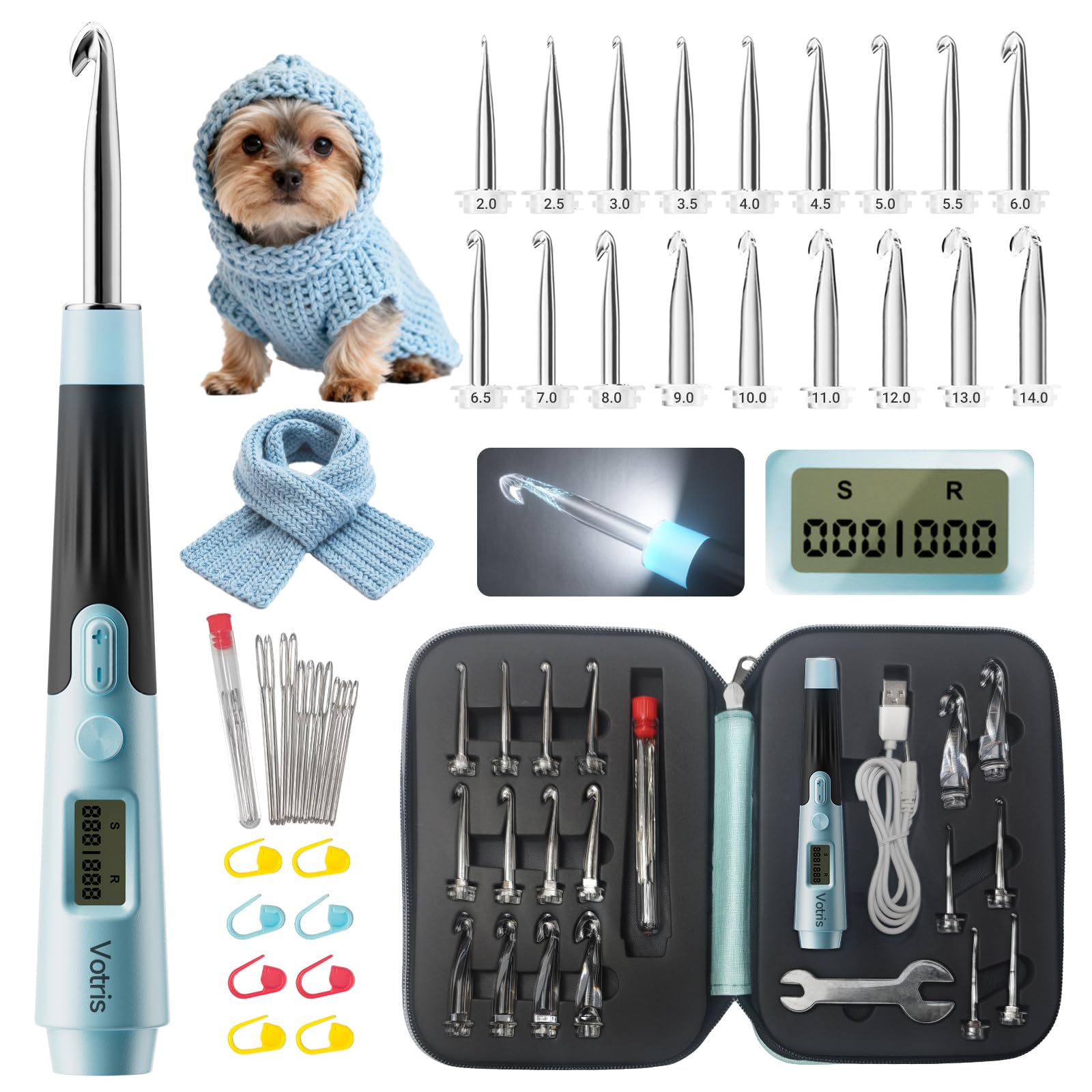 Votris 18-in-1-Häkelnadeln, beleuchtetes Häkelnadel-Set mit digitalem Stichzähler, 2,0 mm - 14,0 mm, wiederaufladbare und austauschbare Köpfe, beleuchtetes Häkelnadel-Set, ergonomische Griffe für