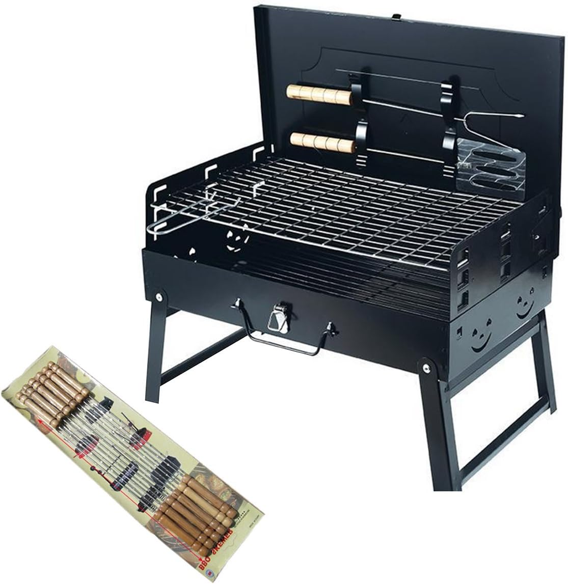 Adjustable Height Portable Charcoal BBQ Grill Folding Barbecue Outdoor Travel Picnic Camping Grill Racks and Tools With 10 Pcs Stainless Steel Barbecue Grill Skewers With Wooden Handles