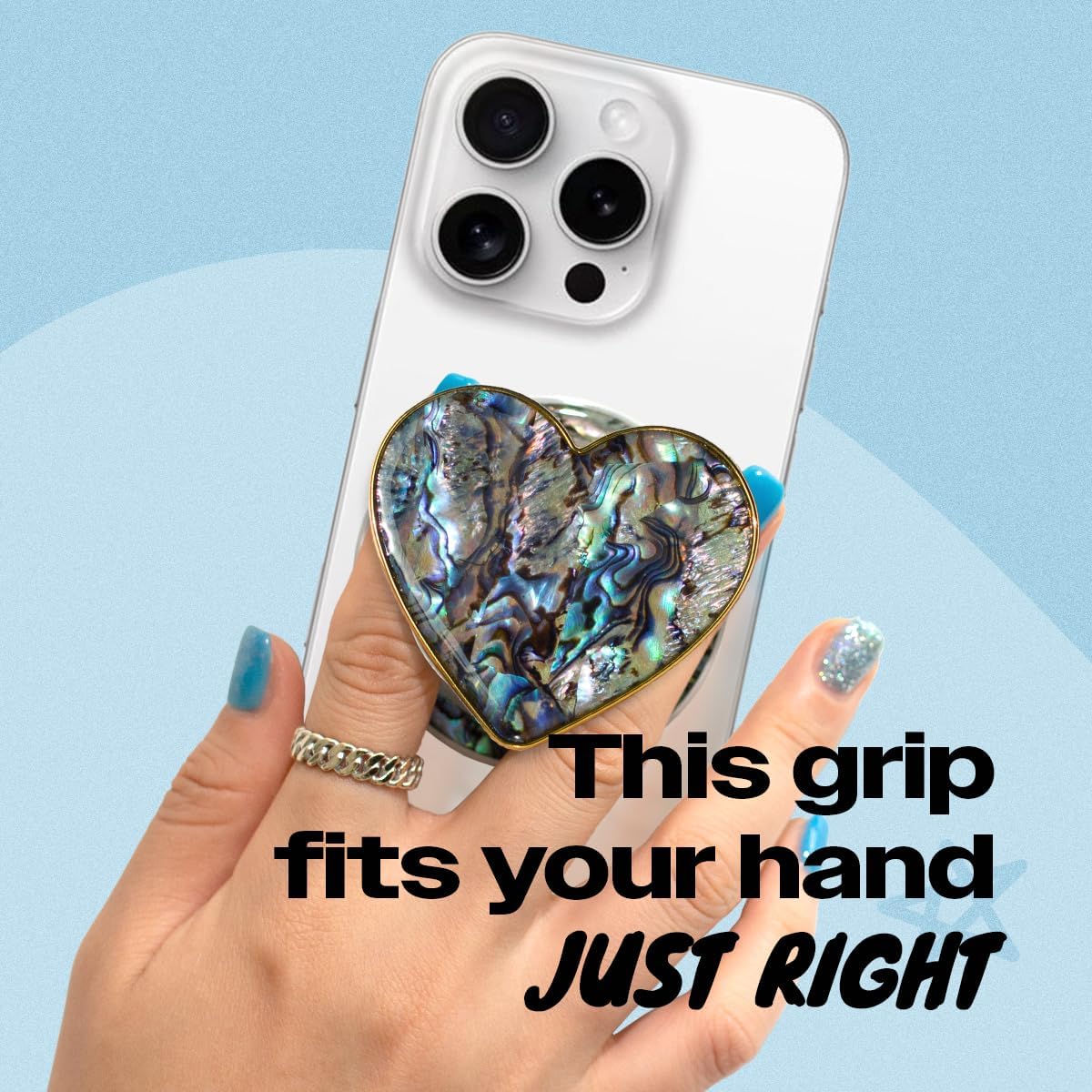 OnTheGrip Cute Natural Seashell Design Heart Shape Collapsible Mobile Phone Grip Stand Holder for Smartphone Tablet Cell Phone Accessory (Black Fresh Water) - Image 2