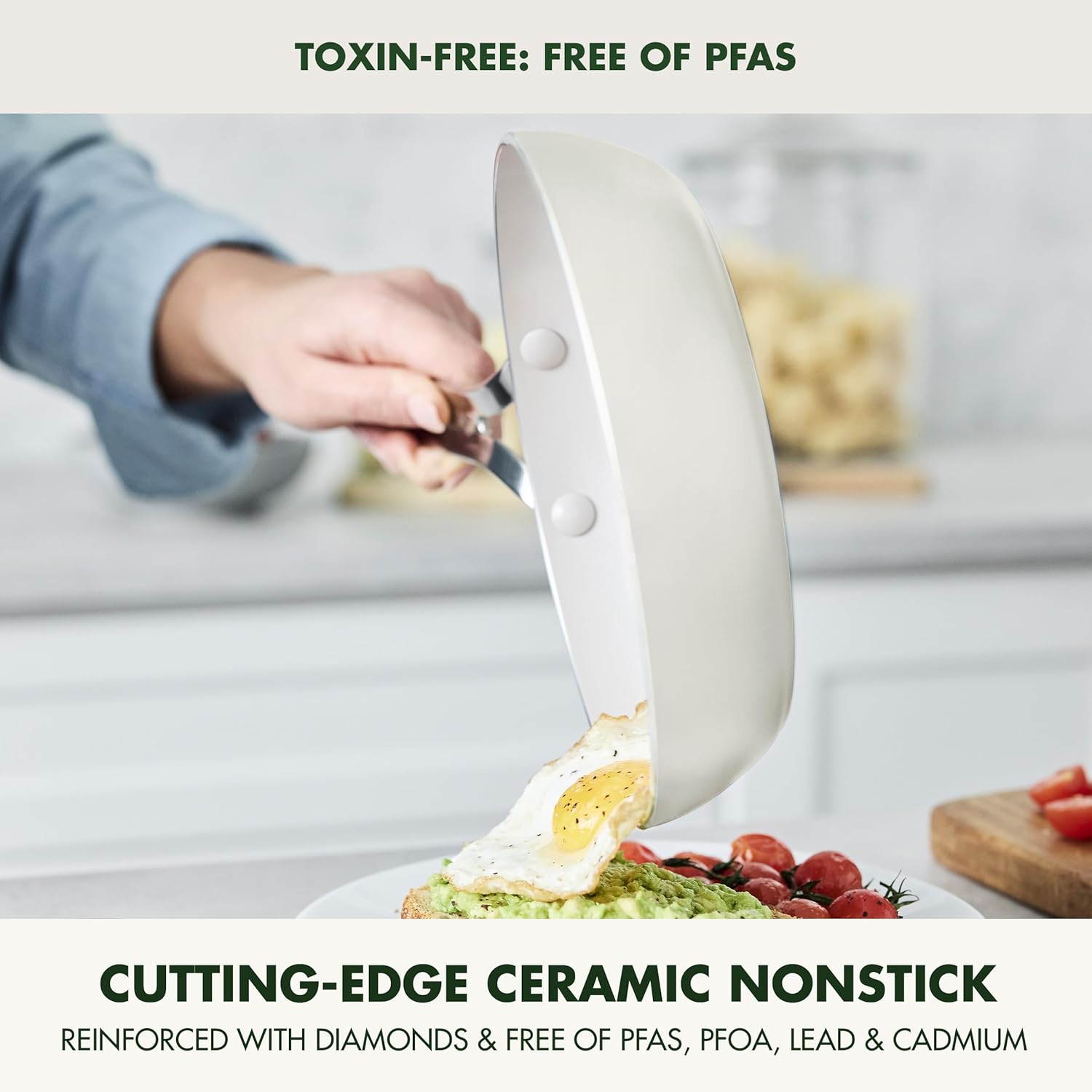 GreenPan Nova 8” Frying Pan Skillet, Induction Suitable Diamond Infused PFOA and PFAS-Free Nontoxic Ceramic Nonstick, Dishwasher and Oven Safe Fry Pan, Quick Even Heating, Cream White - Image 3