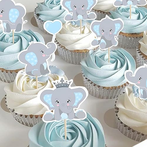 Miniatura 5 de Finduat 48 piezas de decoración de cupcakes de elefante azul para niños, suministros de decoración de baby shower, suministros de fiesta de