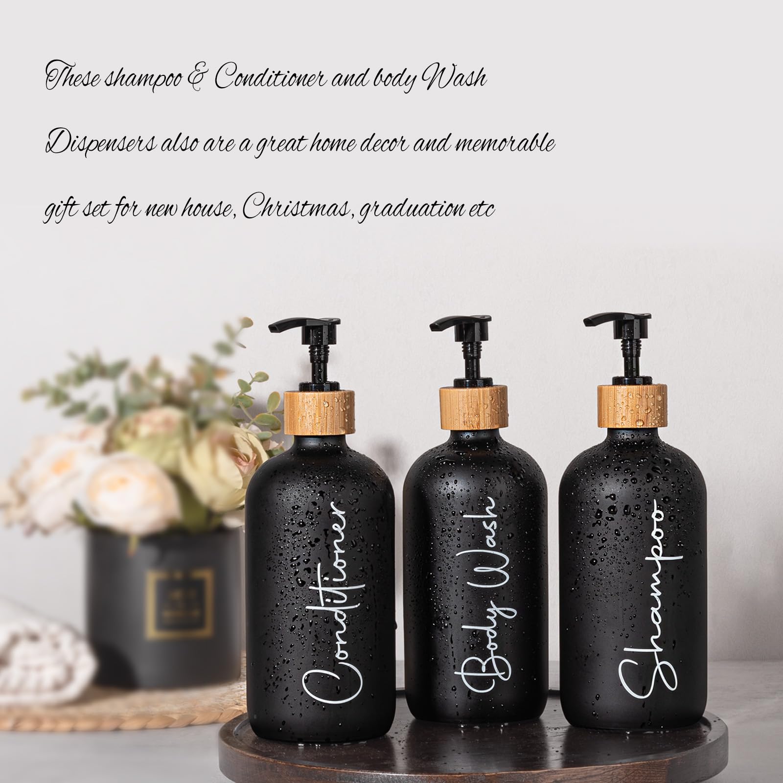 17 oz Shampoo and Conditioner Pump Bottles Soap Dispenser Bamboo Pump Head Empty Glass Refillable Shampoo Conditioner Body Wash Soap Bottles for Bathroom 3 Pack - Image 2
